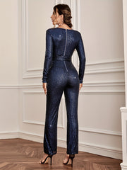 Sequin Deep V Neck Jumpsuit for Women