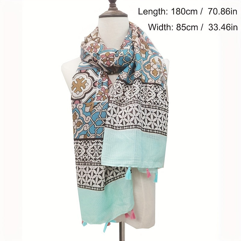 Boho Tassel Scarf Vintage Flower Print Shawl