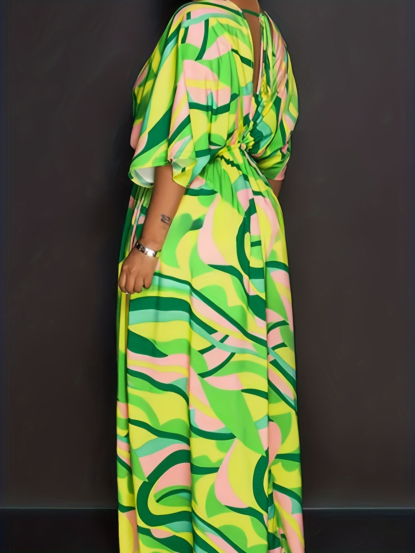  Maxi Dress - Stripe Print Batwing Sleeve V Neck Tie Back