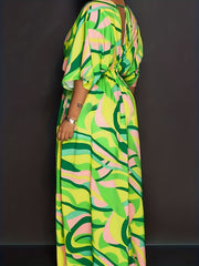  Maxi Dress - Stripe Print Batwing Sleeve V Neck Tie Back