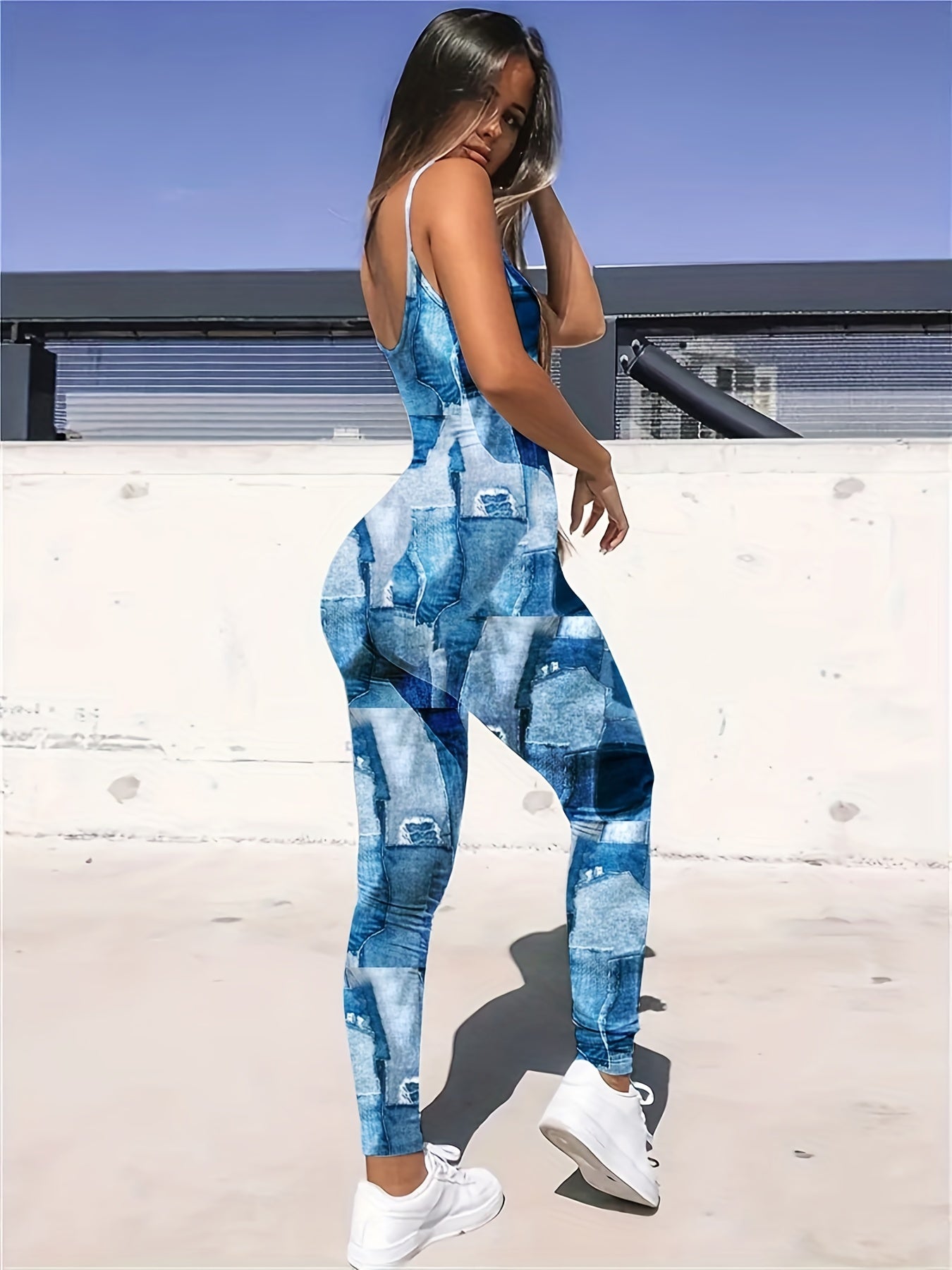 Denim Print Slim Spaghetti Jumpsuit Sexy Sleeveless Jumpsuit