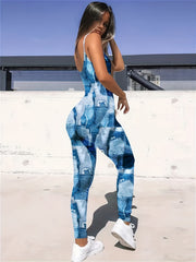 Denim Print Slim Spaghetti Jumpsuit Sexy Sleeveless Jumpsuit