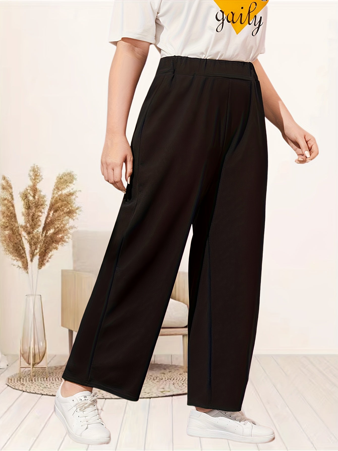  Solid Elastic High Rise Wide Leg Pants