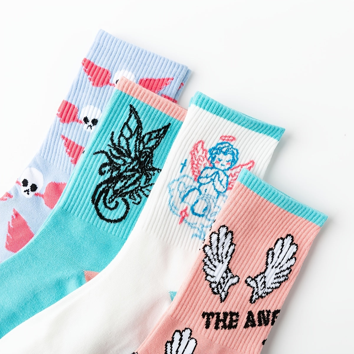 4 Pairs Angel Wings Print Socks & Funny Pattern Mid Tube Socks Women's Stockings