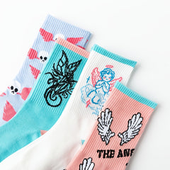 4 Pairs Angel Wings Print Socks & Funny Pattern Mid Tube Socks Women's Stockings