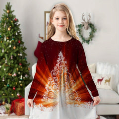 3D Christmas Tree Print Long Sleeve Crew Neck Dress Girls 4-14y