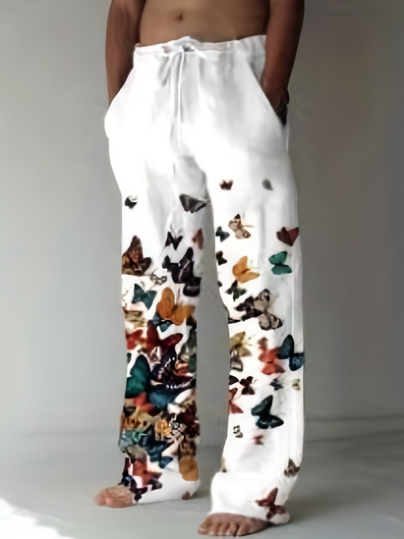 Men's Butterfly Pattern Straight Leg Pants Elastic Waist Beach Trousers
