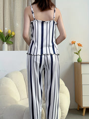 Striped Print Pajama Set V Neck Cami Top & Lounge Pants Women's Sleepwear