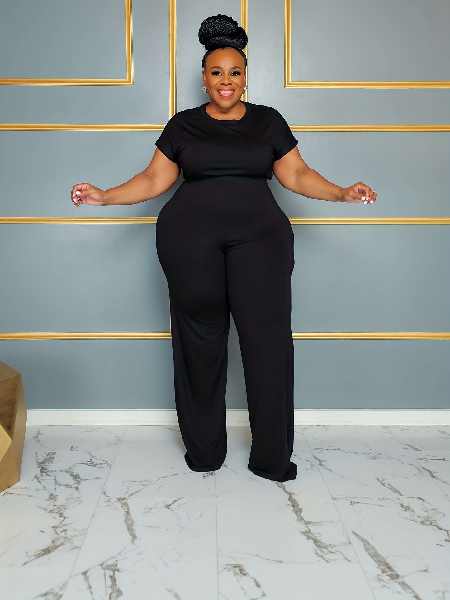  Solid Top & Wide Leg Pants Two Piece Set