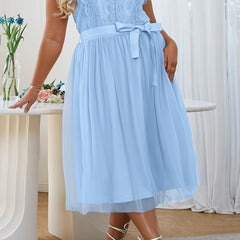  Party Dress Women's Plus Solid Lace Contrast Mesh Ruffle Sleeve