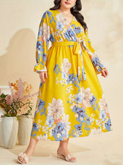  Floral Print Lantern Sleeve Dress With Belt