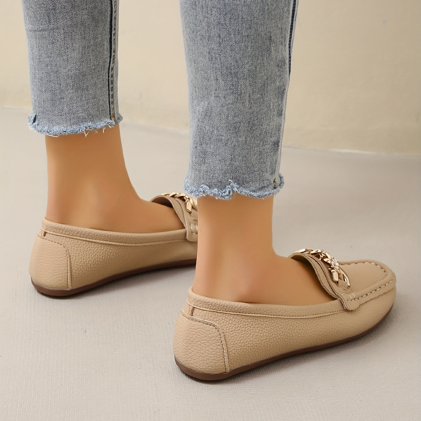 Chain Decor Flat Loafers with Rhinestone Soft Sole Slip On Shoes