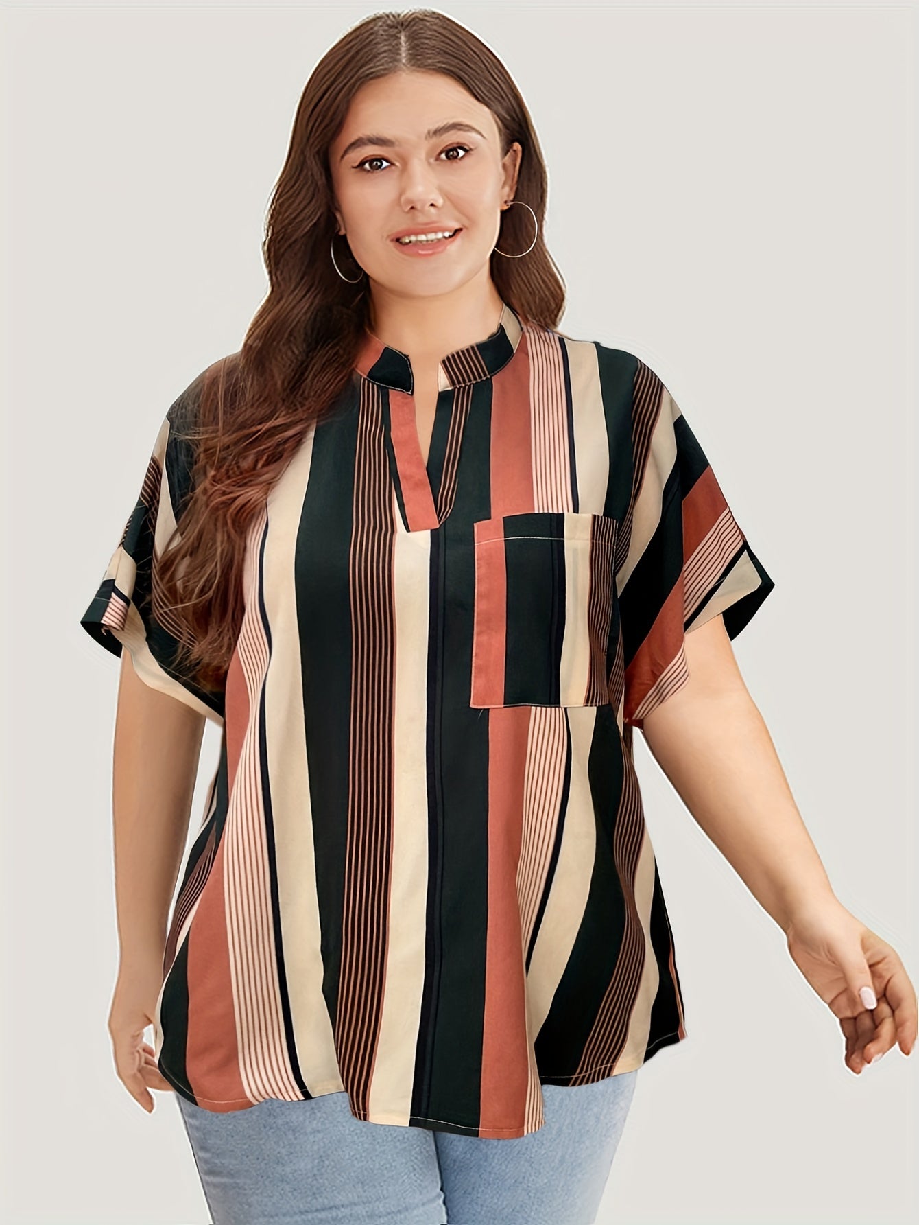  Striped Print Batwing Sleeve Notched Neck Top