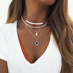 Layered Sun Moon Pendant Necklace Women's Jewelry