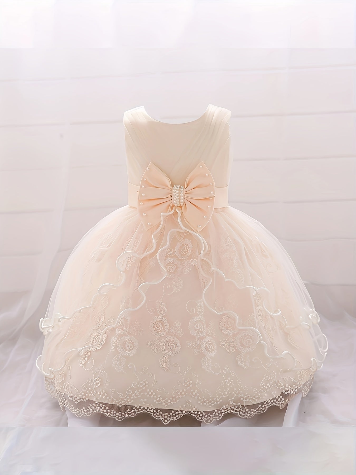 Infant Toddler Girls Pompadour Dress Embroidery Mesh Flower Girl Birthday Dress
