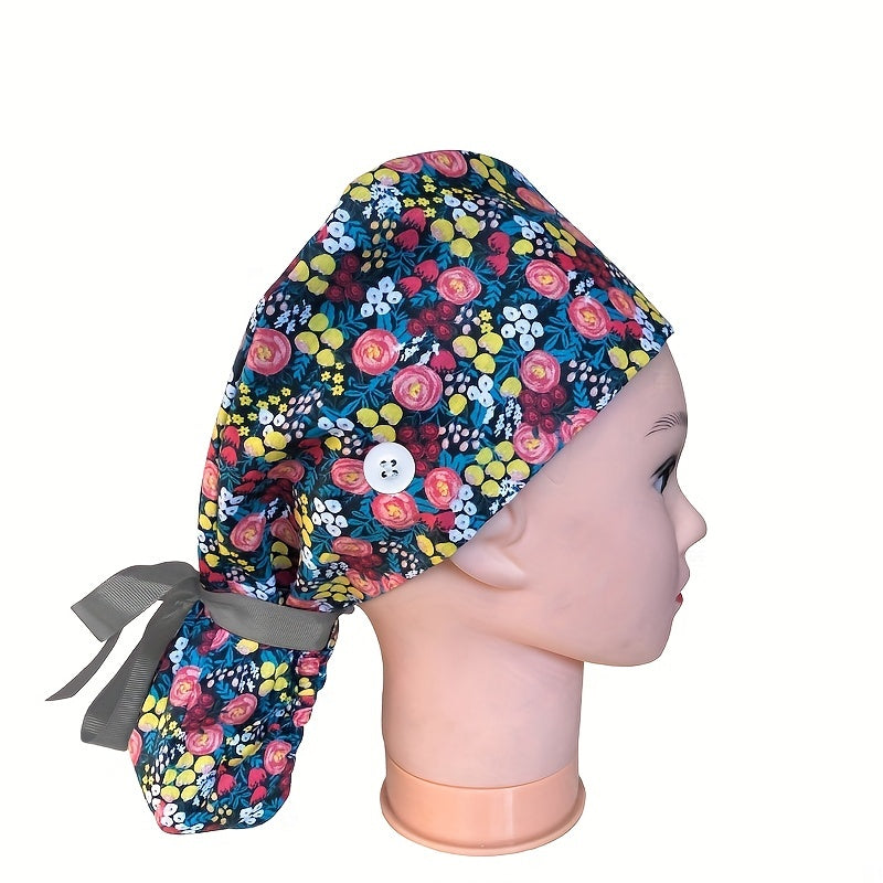 Floral Paisley Print Work Cap Vintage Adjustable Scrub Cap