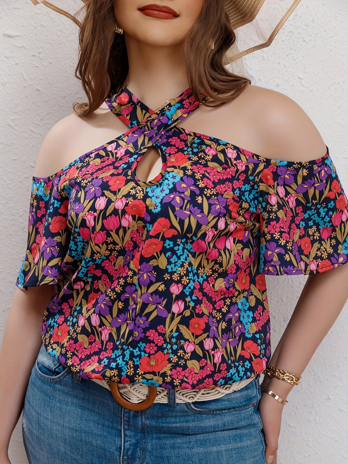  Allover Floral Print Cold Shoulder Cross Neck Top