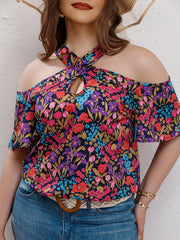  Allover Floral Print Cold Shoulder Cross Neck Top