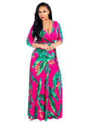 Floral Print V-Neck Maxi Dress With Belt Plus Size