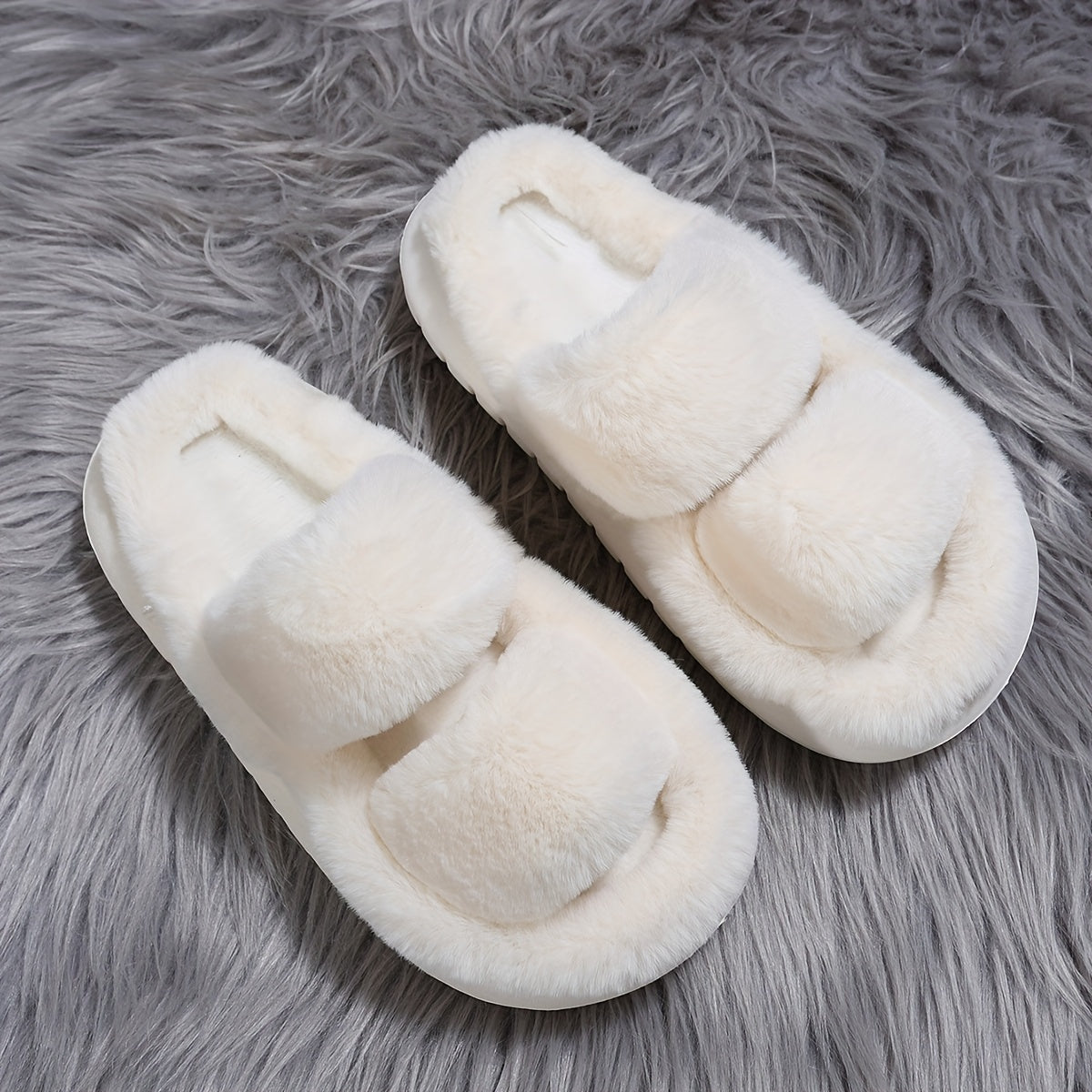 Double Strap Platform Slippers Casual Slip On Plush Shoes