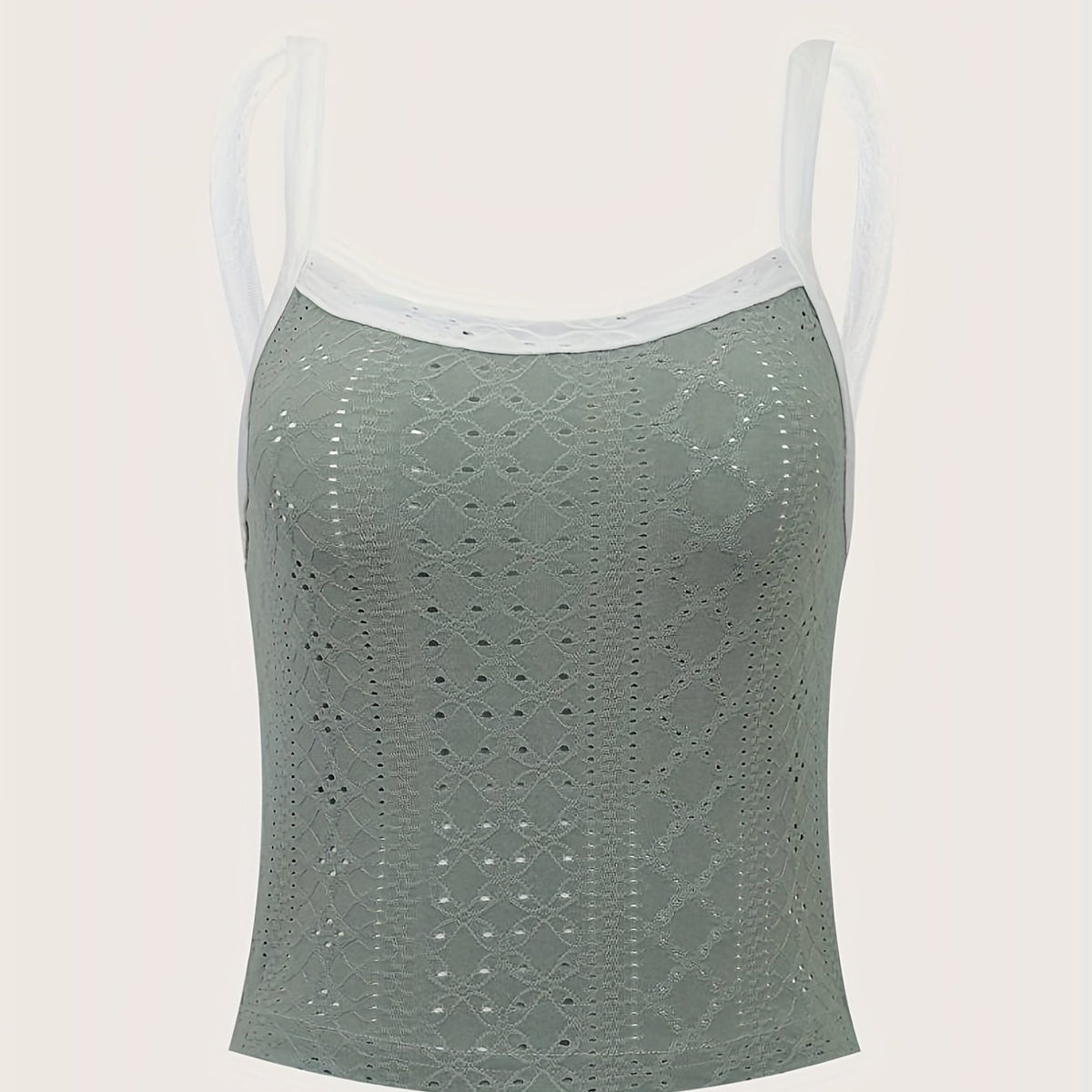 Eyelet Trim Cami Top Crew Neck Summer Sleeveless Top Women's Clothing