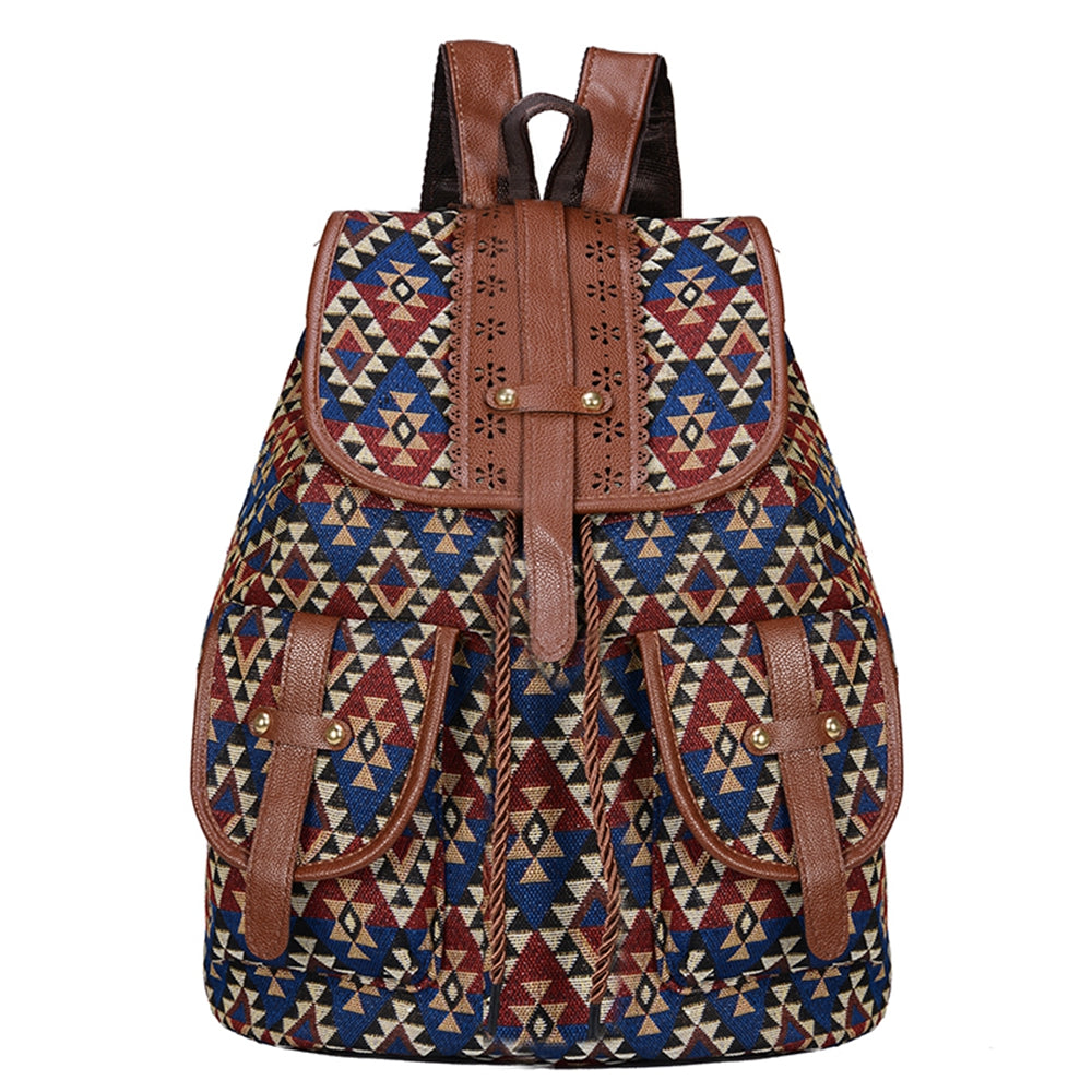 Rhombus Pattern Backpack Women's Canvas Drawstring Shoulder Bag