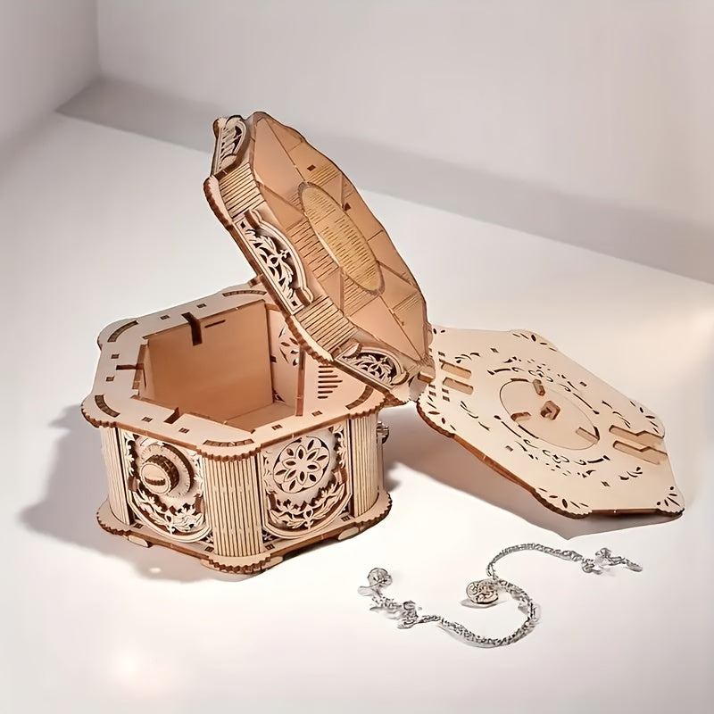 DIY 3D Wooden Puzzle Music Jewelry Box Vintage Storage Chest