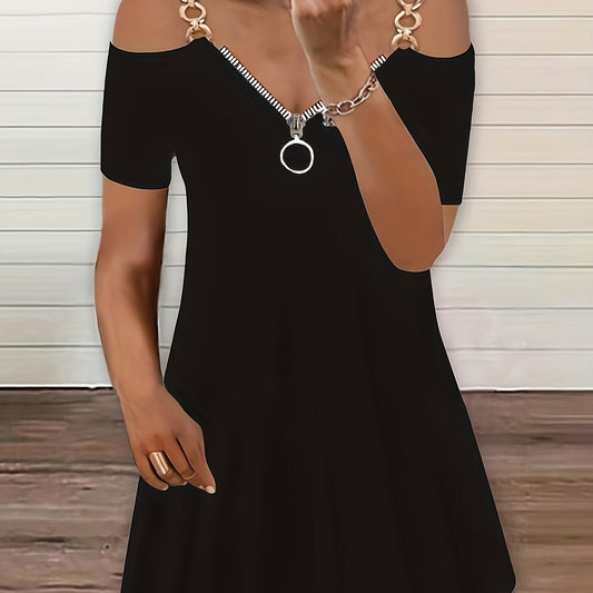  Solid Chain Cold Shoulder Short Sleeve Dress