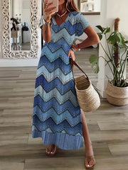 Floral Print V Neck Short Sleeve Boho Maxi Dress
