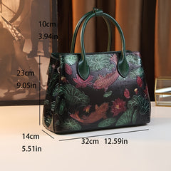 Hand Painted Koi Fish & Lotus Tote Bag - Large Capacity