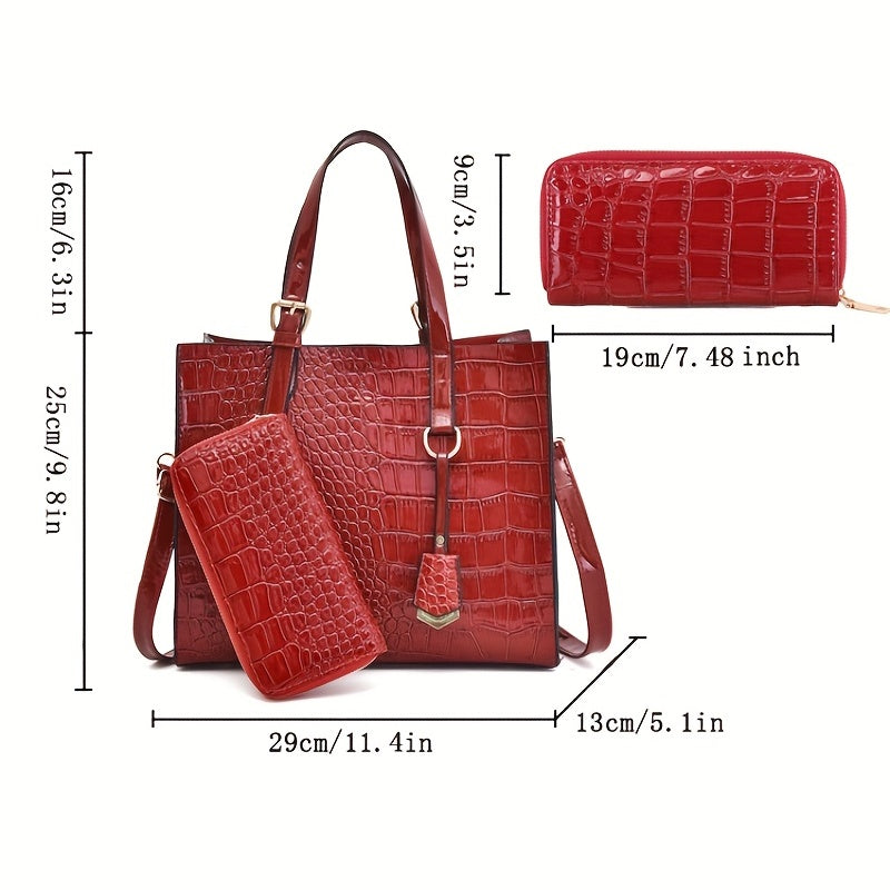 Crocodile Embossed Handbag With Pouch Large Tote Bag PU Leather Crossbody Bag