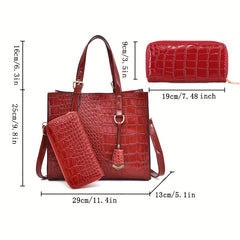 Crocodile Embossed Handbag With Pouch Large Tote Bag PU Leather Crossbody Bag