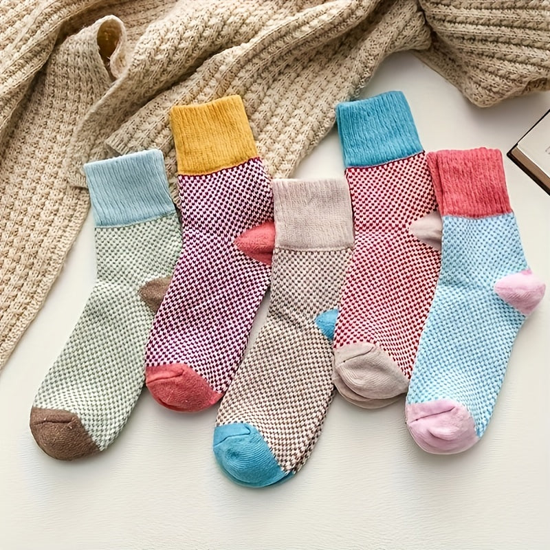 5 Pairs Colorblock Crew Socks Soft Mid Tube Women's Stockings