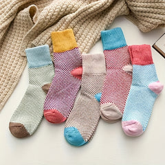 5 Pairs Colorblock Crew Socks Soft Mid Tube Women's Stockings