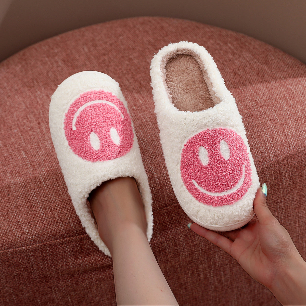 Smile Face Print Plush Slippers Comfortable Indoor Home Slippers