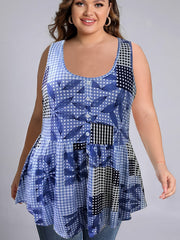  Chessboard Print Stretch Peplum Tank Top