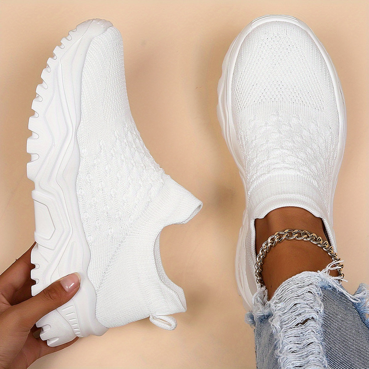 Women's Knitted Textured Running Shoes Lightweight Slip On Casual Sneakers