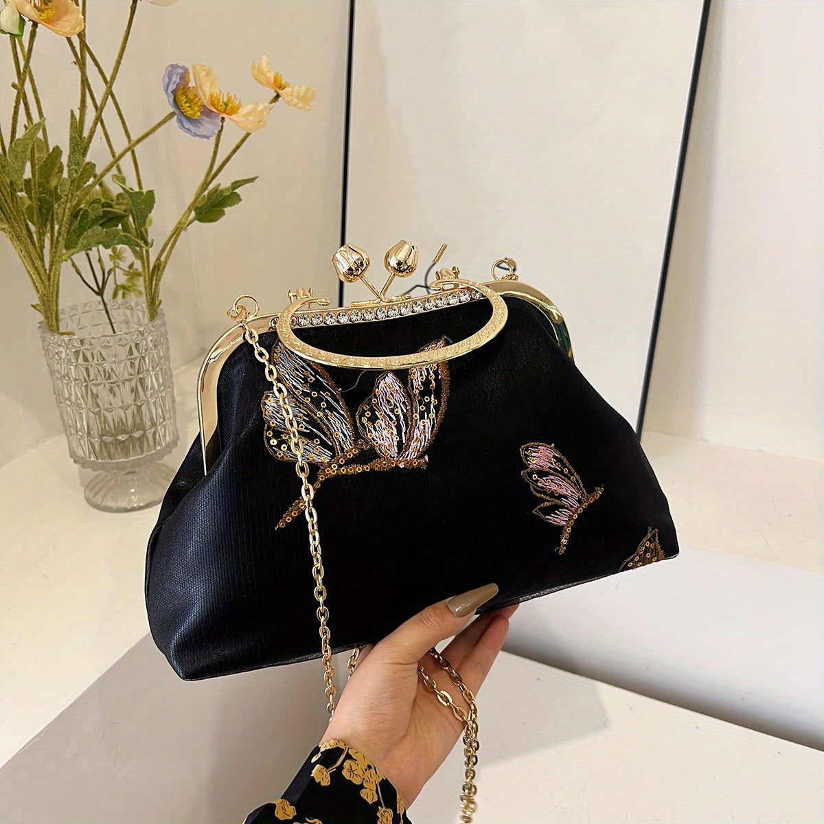 Vintage Sequins Embroidery Evening Handbag Chain Crossbody Bag