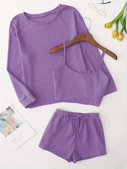 Solid Pajama Set Long Sleeve Top & Cami Top & Shorts