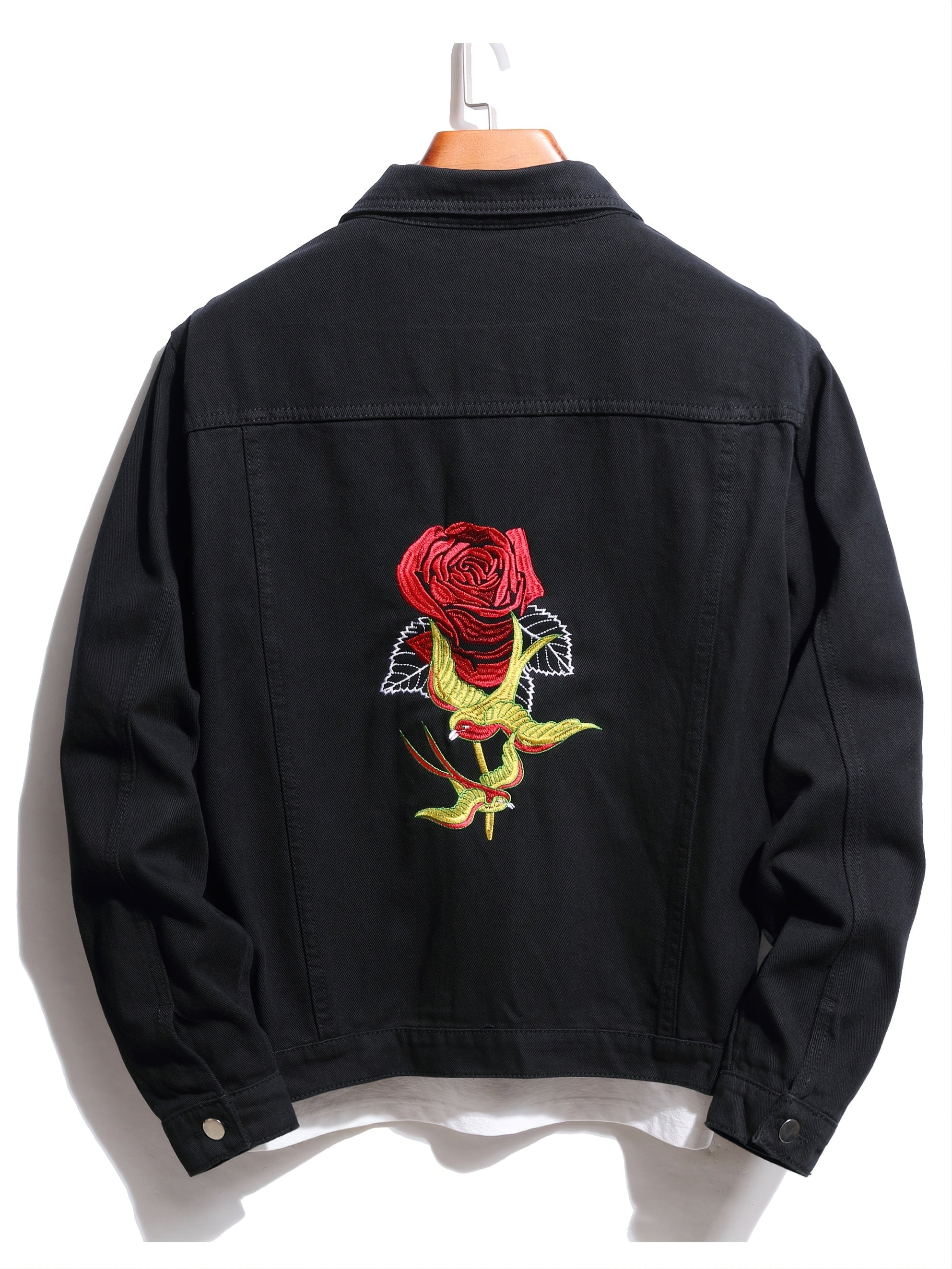 Men's Rose And Birds Embroidered Denim Jacket
