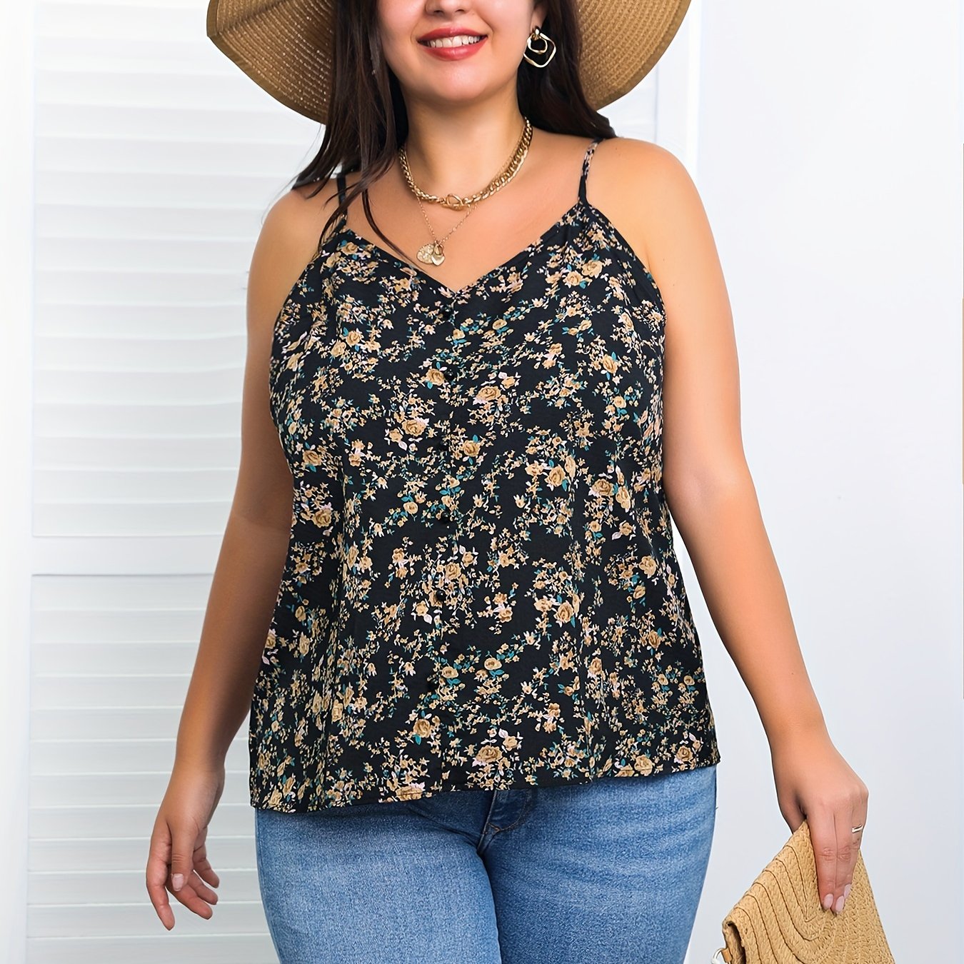  Boho Cami Top Ditsy Print V Neck Backless Beachwear Summer