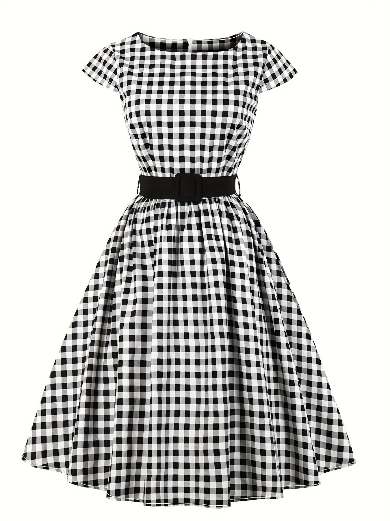  Plaid Print Cap Sleeve Swing Dress With Belt