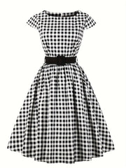 Plaid Print Cap Sleeve Swing Dress With Belt
