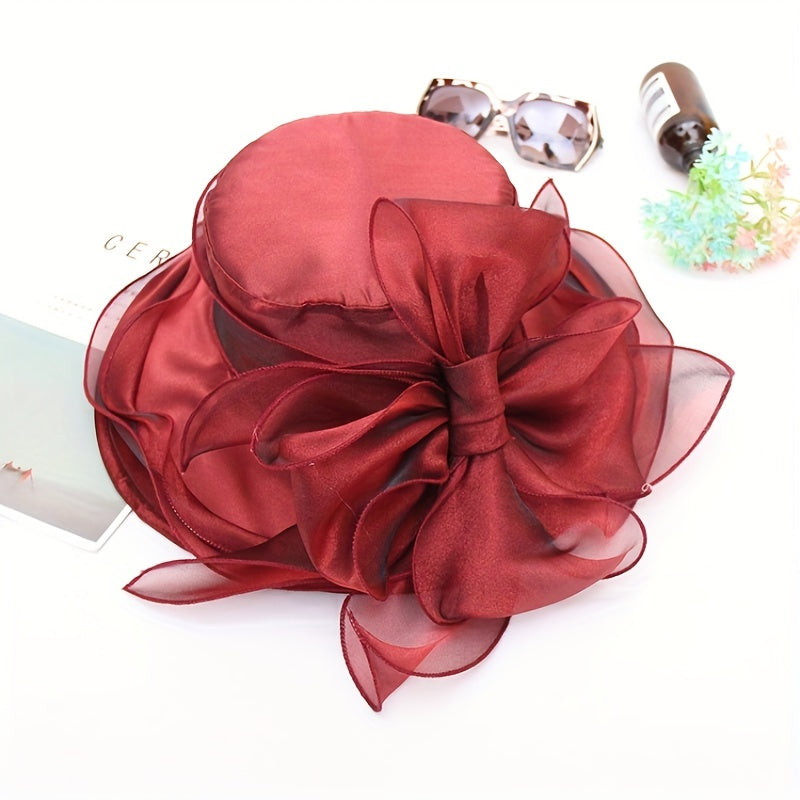Vintage Organza Sun Hat Solid Mesh Flower Derby Hat