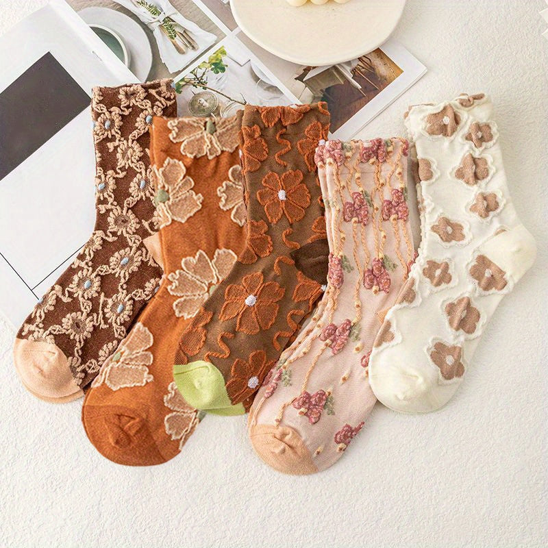 3 Pairs Floral Print Socks Mid Tube Women's Stockings