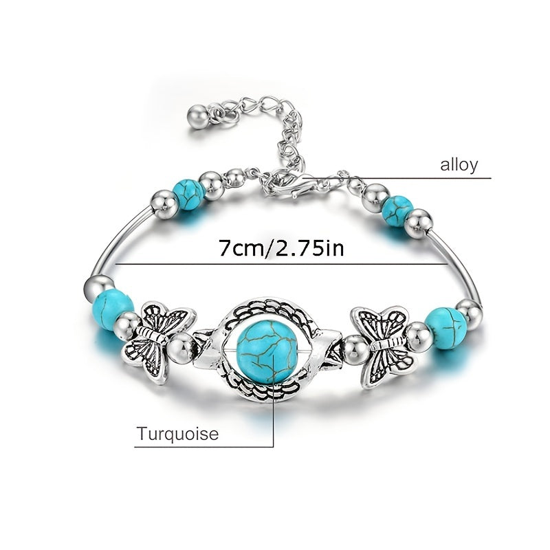 Vintage Silver Turquoise Butterfly Bracelet Chain Beads Bangle Wedding Gift