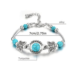 Vintage Silver Turquoise Butterfly Bracelet Chain Beads Bangle Wedding Gift