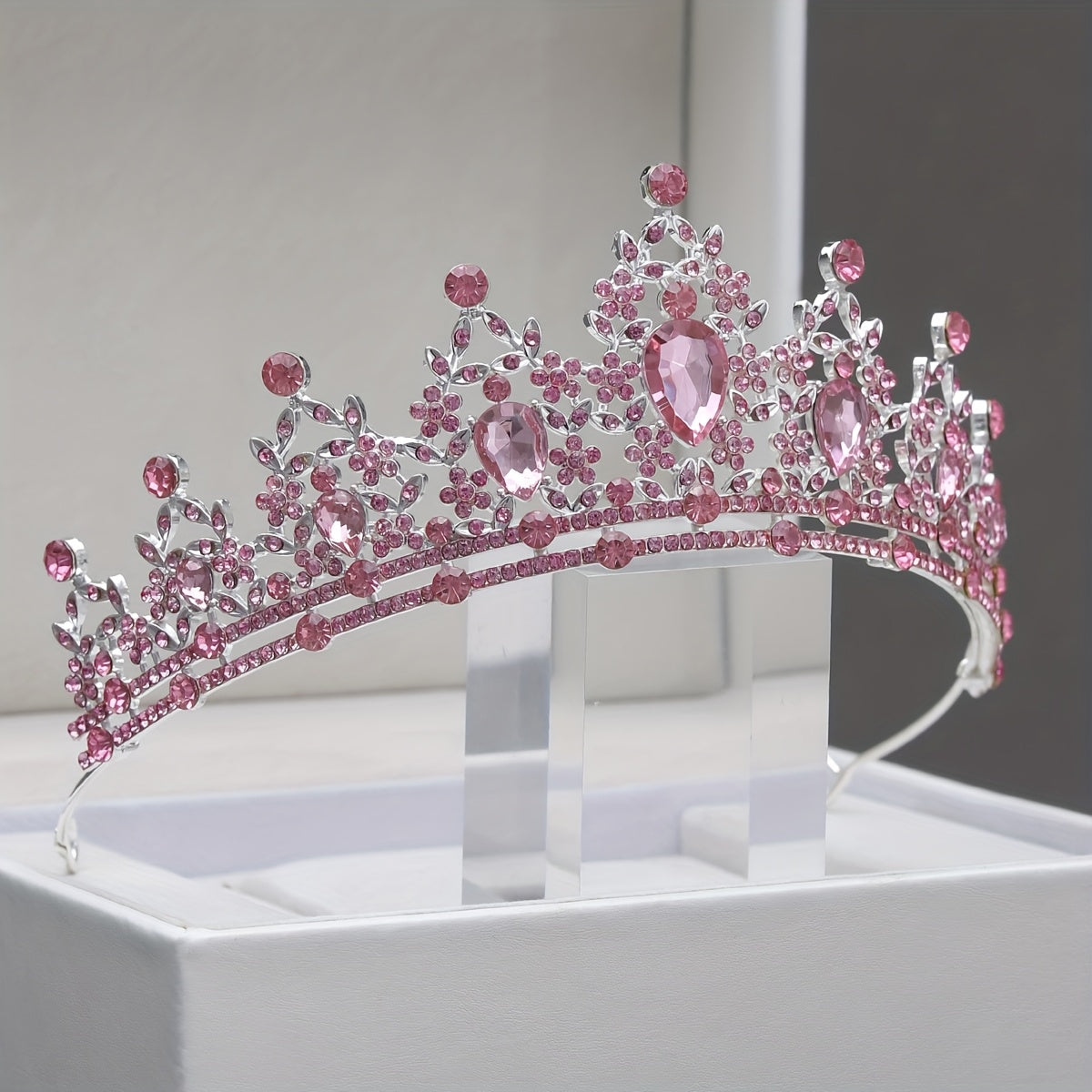 Yabeni Pink Crown Hair Accessory with Rhinestones for Wedding Party