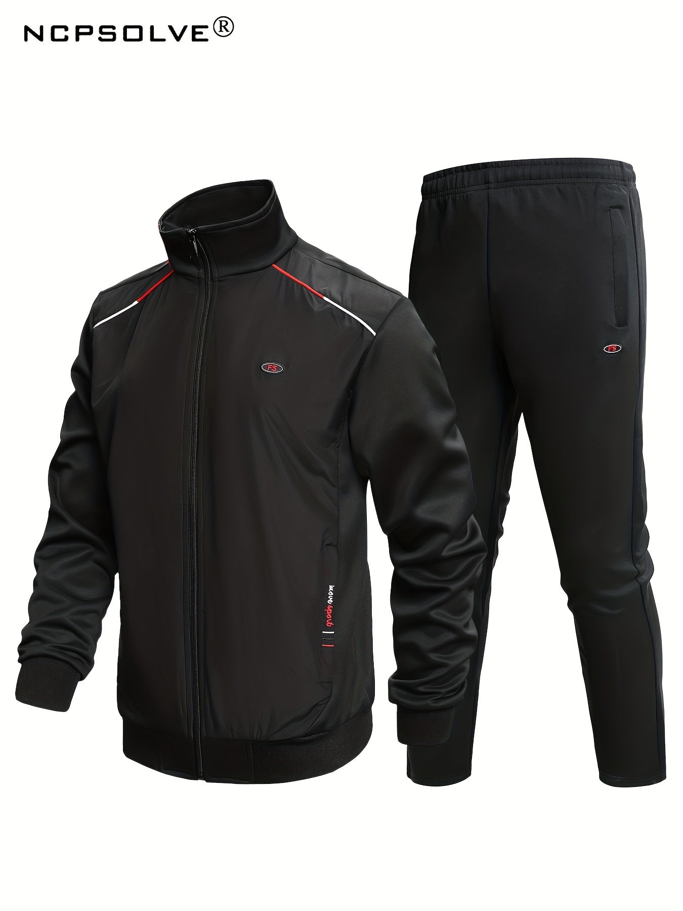 Men's Sports Suit Block Stand Collar Zip Up Jacket & Elastic Waist Pants
