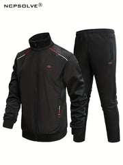 Men's Sports Suit Block Stand Collar Zip Up Jacket & Elastic Waist Pants